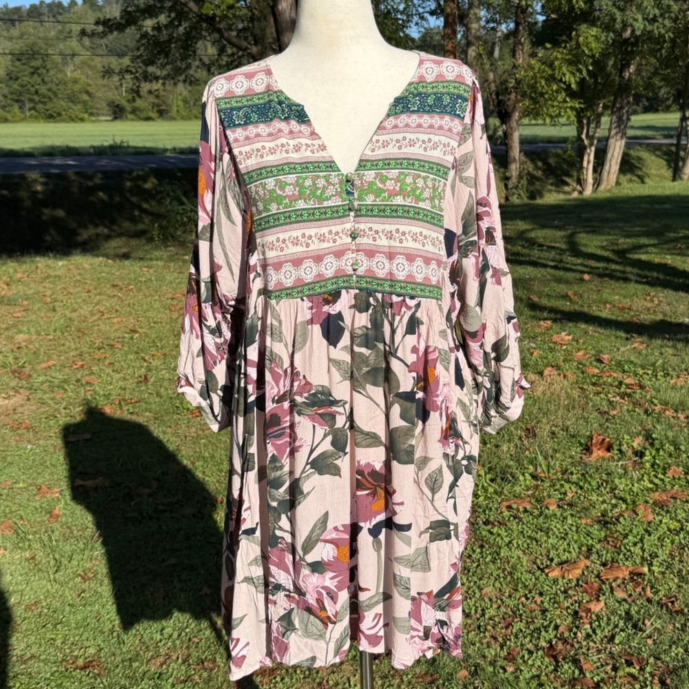 Umgee USA Floral Boho Mixed Print Babydoll Dress Pink Green XL Boho Lagenlook